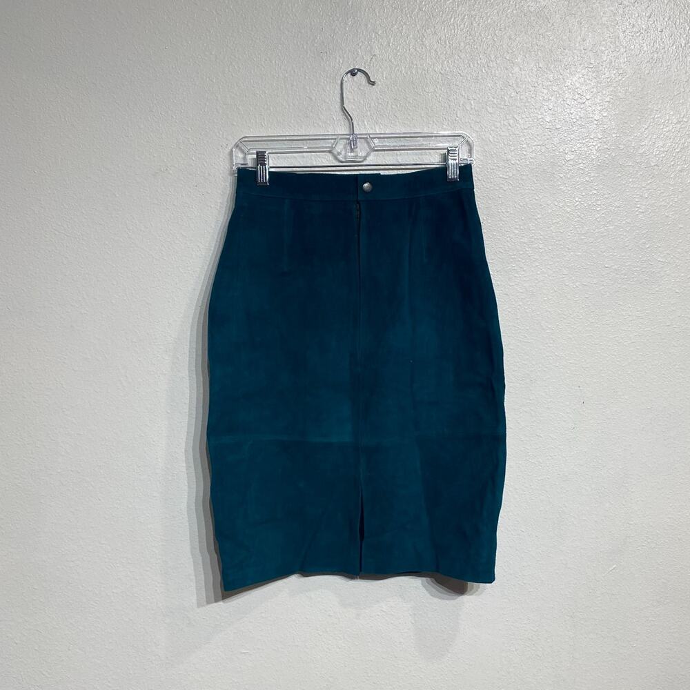 Fashion House Teal Suede Leather High Waist Mini Skirt Vintage Sz 10 - Picture 9 of 12